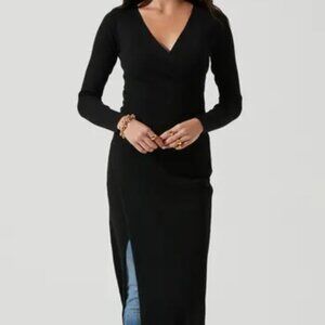 ASTR The Label Womens Cross Front High Slit Long Sweater Dress Black NWOT XS